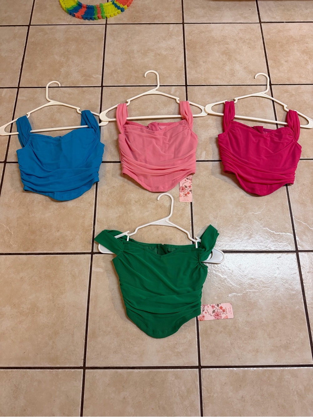 SHEIN Green, blue, pink, light pink Ruched Crop Top